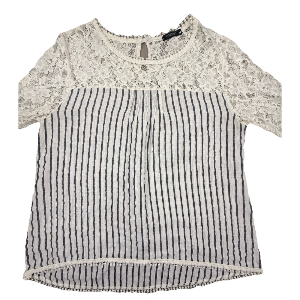 Lungo Larna Top Women's Medium Beige Striped  Linen‎ Lace Long Sleeve Italy Boho